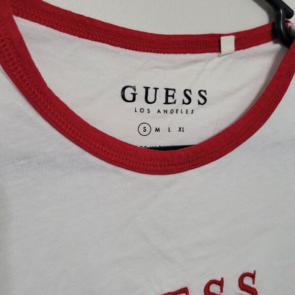 GUESS Womens Small White Red Ringer Baby Tee Logo Y2K Crop - Picture 4 of 7